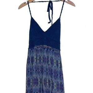 BD Collection Maxi Dress L Blue Crochet Halter‎ Boho Geometric High-Low BD10357
